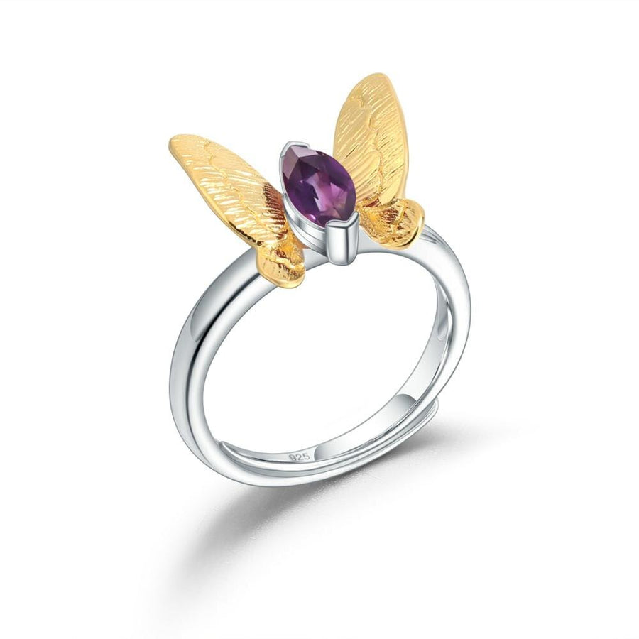 European Amethyst Gemstone Butterfly Adjustable Ring