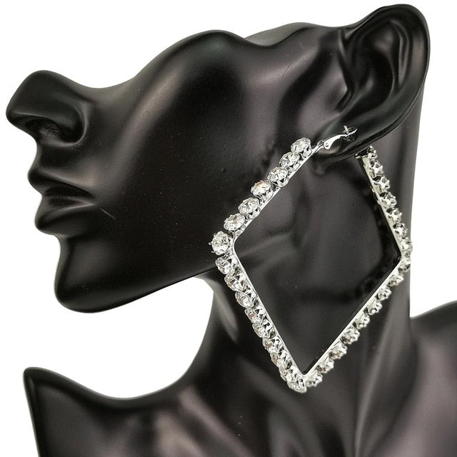 Crystal Big Square Hoop Feather Honey Earrings