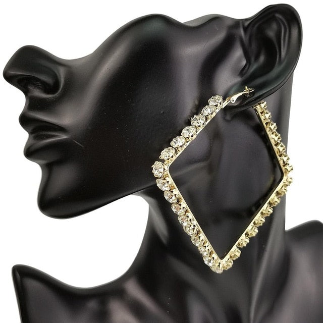 Crystal Big Square Hoop Feather Honey Earrings