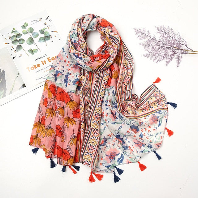 Fashion Floral Tassel Shawl Scarf