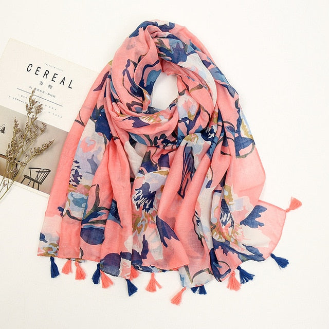 Fashion Floral Tassel Shawl Scarf